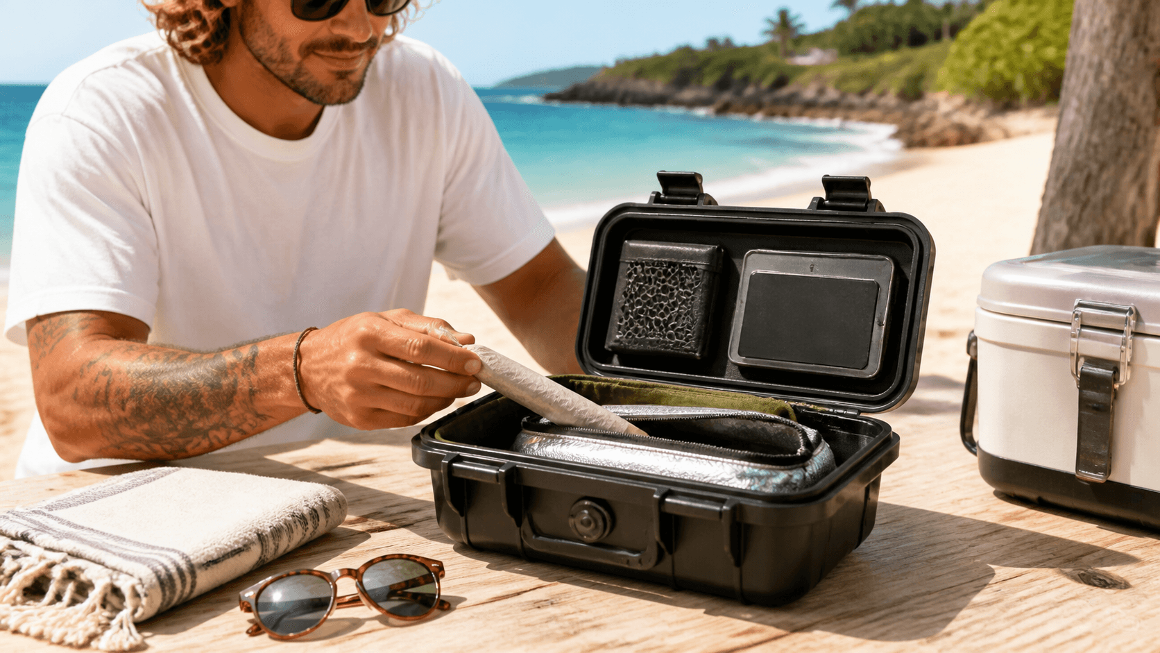 Waterproof black case with cigars and humidity packs resting on sunlit sand beside turquoise ocean waves.