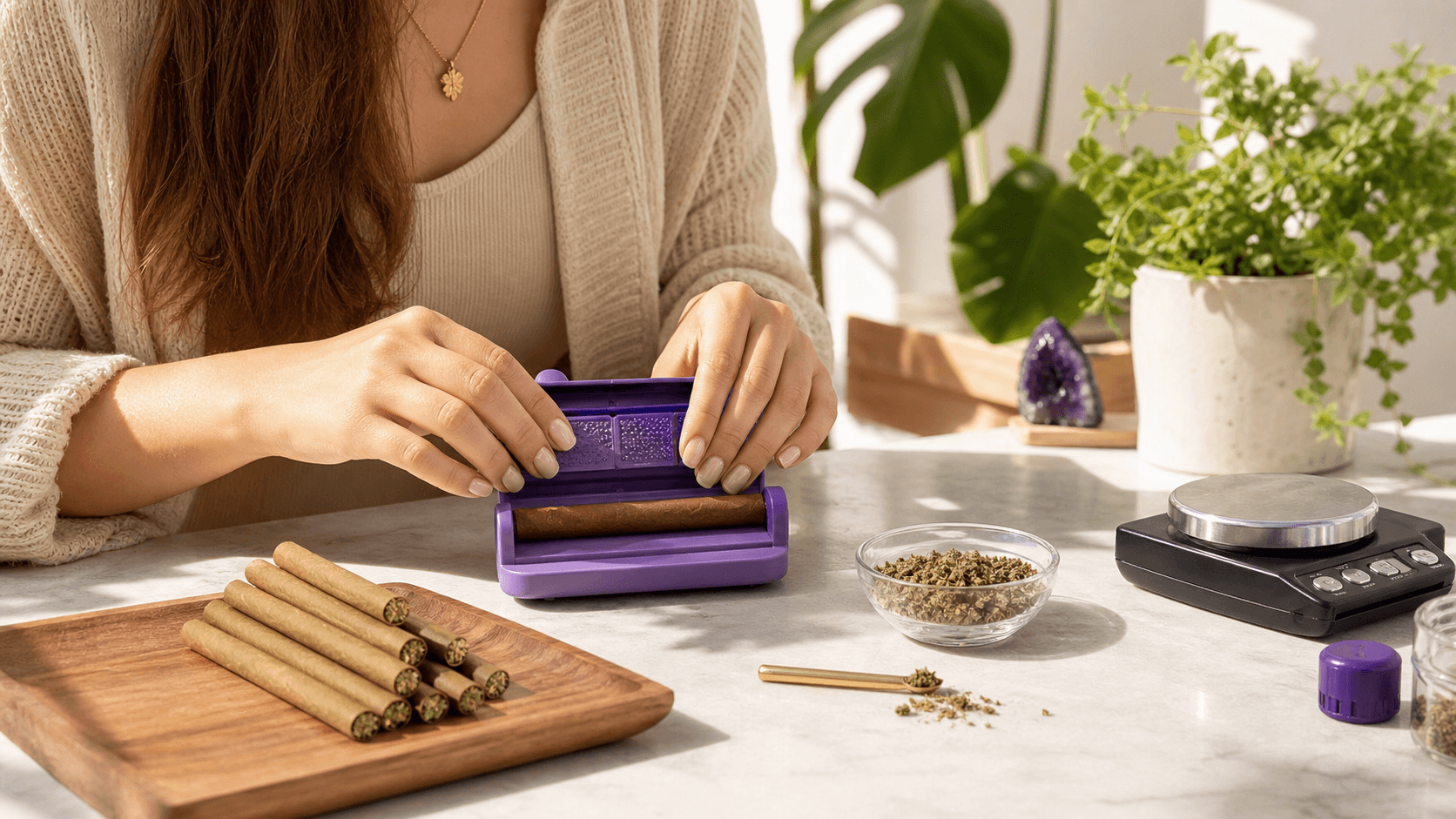 Three mini cannagars rest on a wooden tray beside loose cannabis buds in warm, moody lighting.