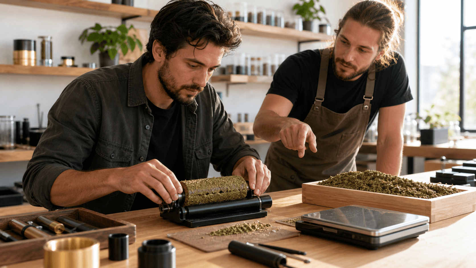 Close-up of a hand rolling a blunt on a wooden table, with scattered cannabis and warm, moody lighting.