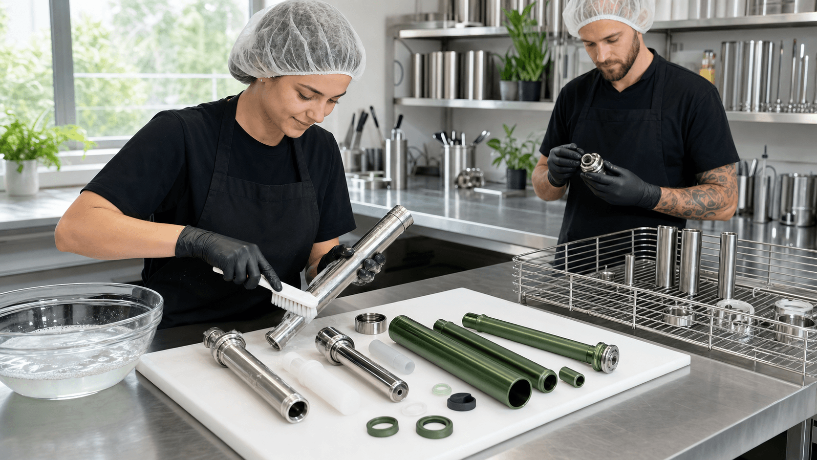 Wood and metal cylindrical molds with small tools on a clean white surface under soft natural light