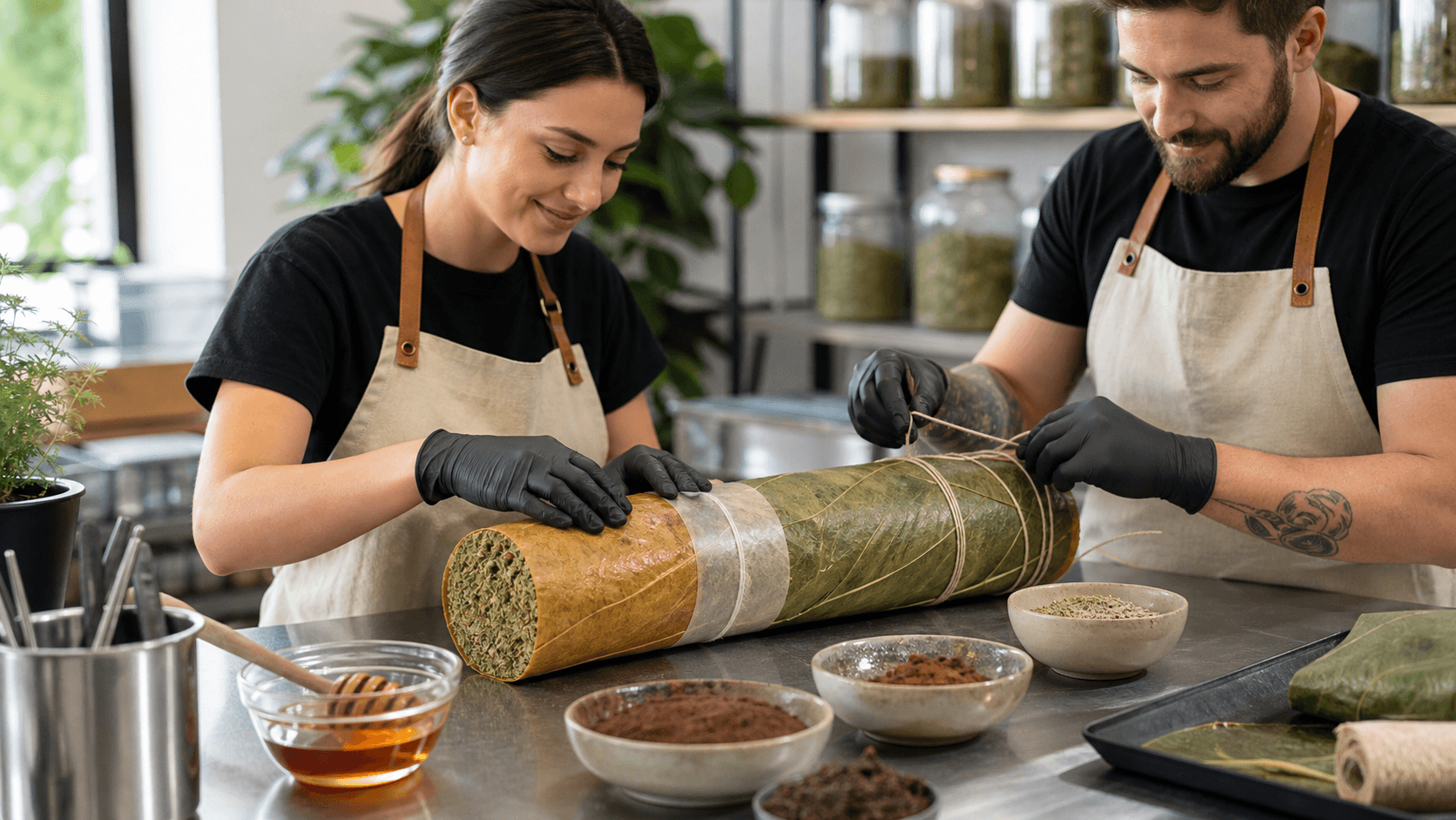 Overhead view of a rolled cannagar wrapped with green leaves and twine, surrounded by herbs and tools on a wood table.