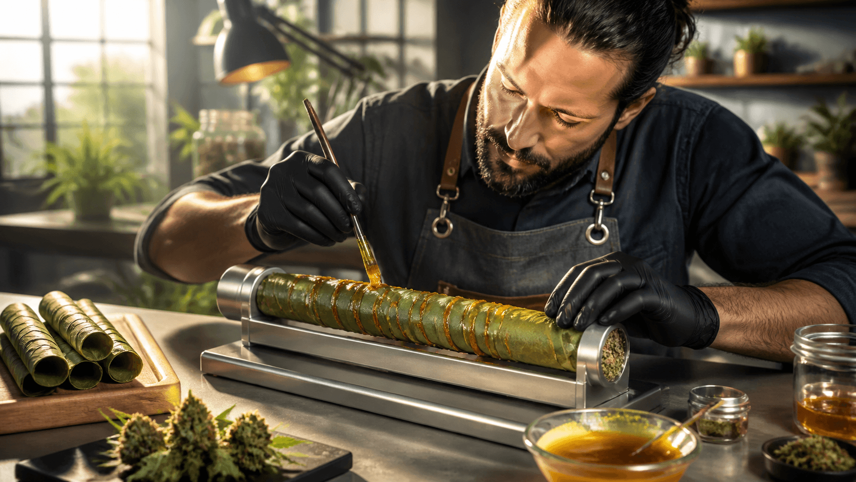 Glossy cannabis cigar with a glowing ember rests on a dark surface against a warm amber background.