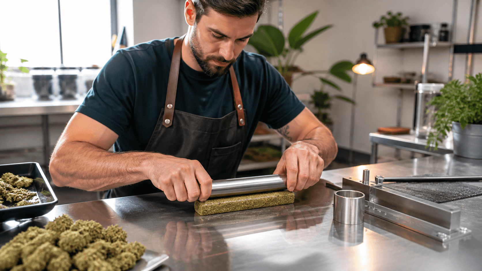 Close-up of a blunt roller shaping a green cannagar core on a dark tabletop under warm, soft lighting