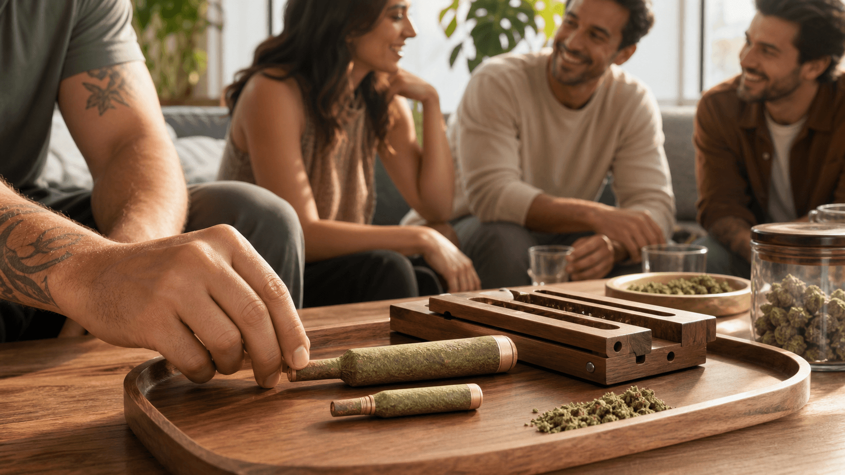 Two cannagars rest on a wooden table, one slim and one thick, against a warm, smoky amber backdrop.