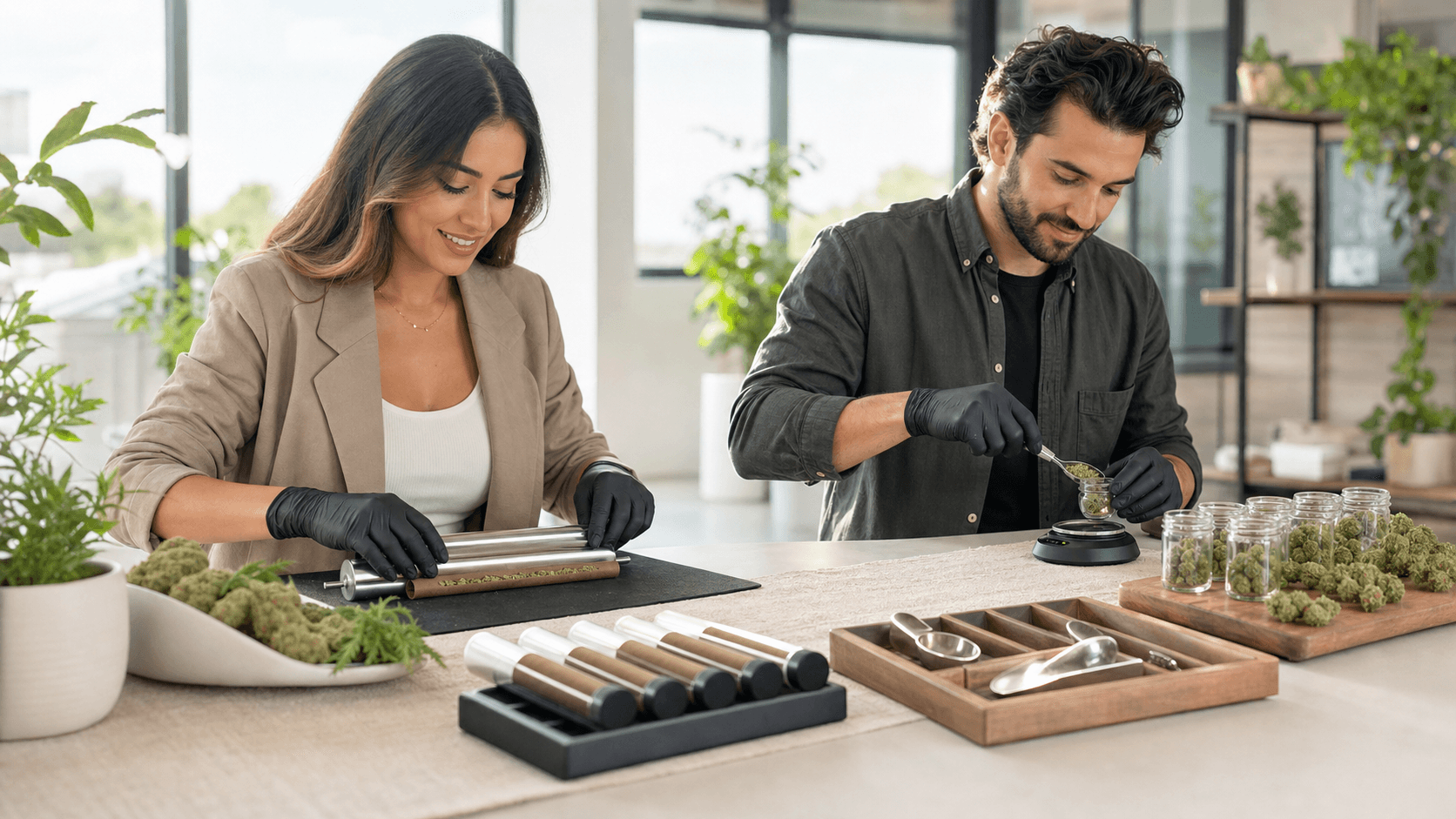 Golden cannagars beside a blunt roller on a dark tabletop, lit warmly with soft shadows and green leaf accents.