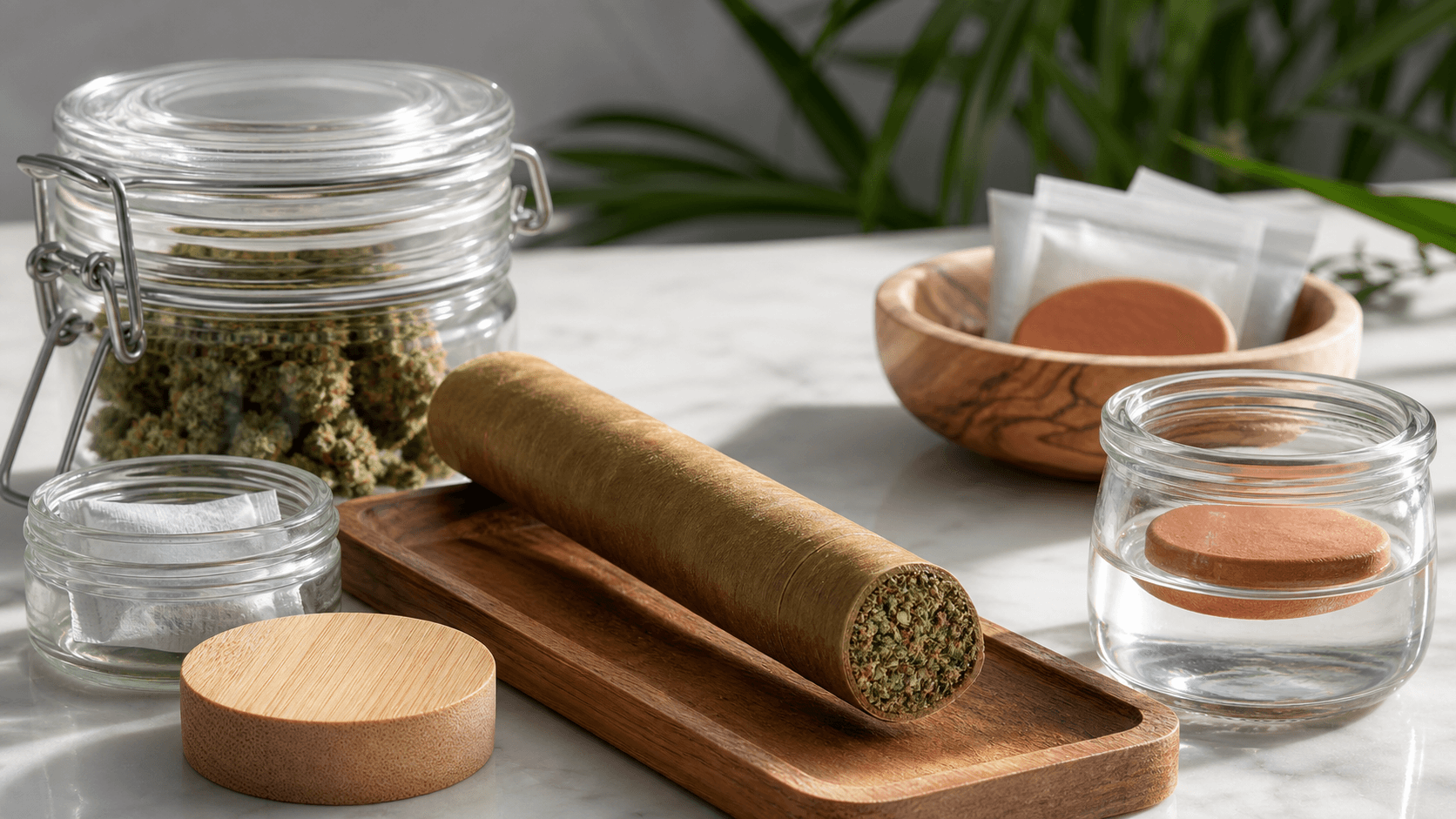Hand holding a cigar-like roll with a smoking cut tip beside loose cannabis and small jars on a wooden table