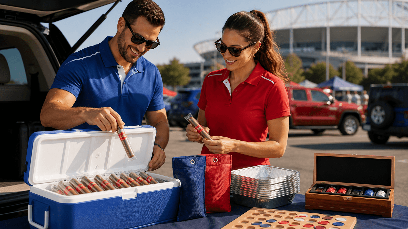 A sleek cannabis cigar beside a black cooler, citrus slices, and game-day snacks on a green tabletop.