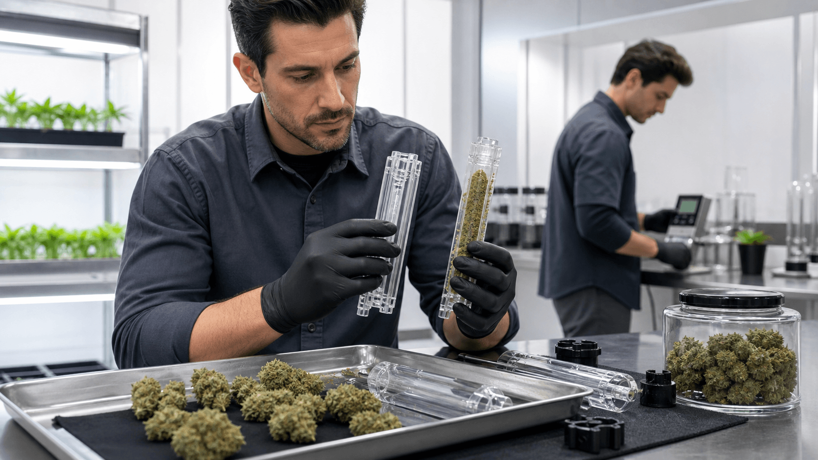 Cannagar mold kit with packed green cannabis flower and loose buds on a dark tabletop under moody lighting