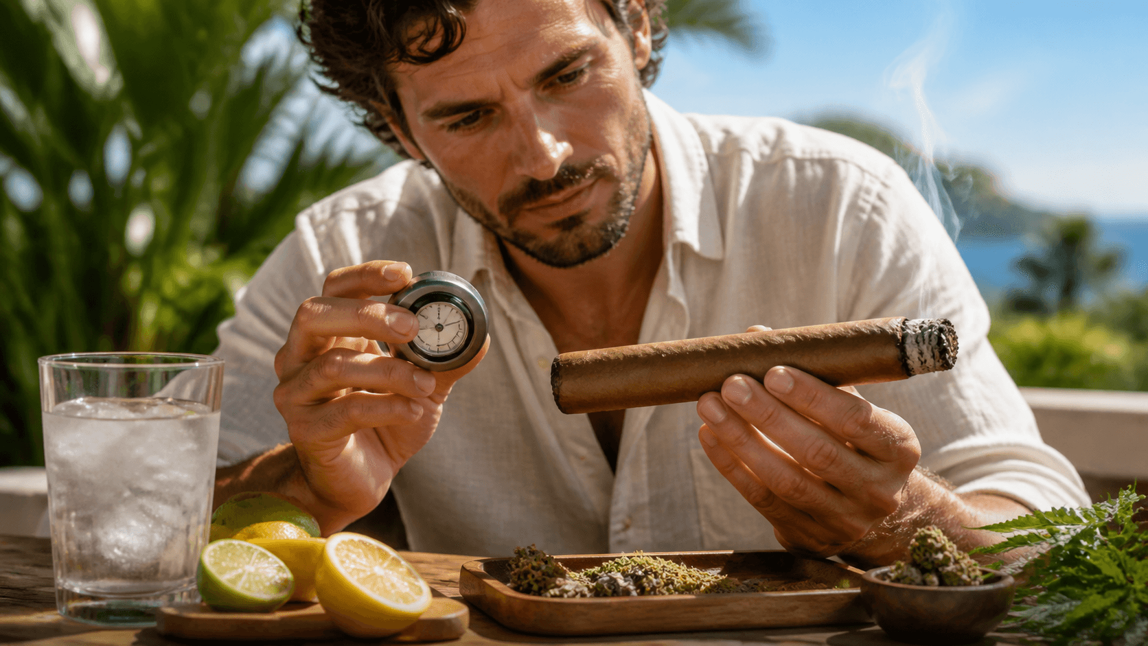 Cannagar smolders beside a glass of iced tea against a sunlit tropical backdrop with drifting smoke.